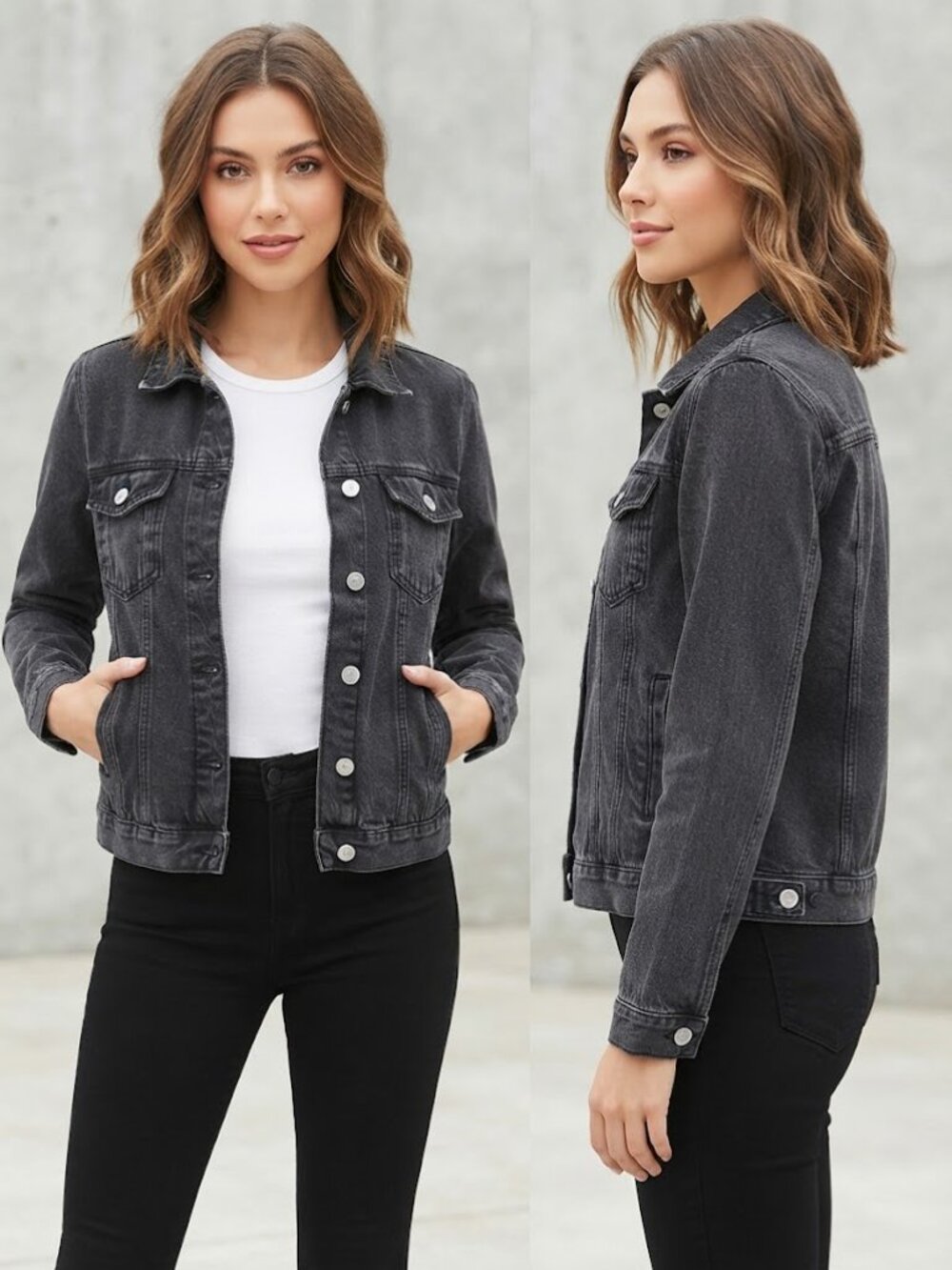 Forever 21 Washed Black Denim Trucker Jacket Women's Size Medium